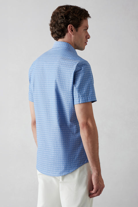 Koyu Mavi  Kısa Kol Slim Fit Desenli Cepli %100 Pamuk Gömlek