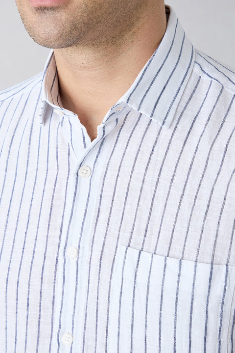 Dark Navy Short Sleeve Regular Fit Cotton Linen Striped Pocket Shirt