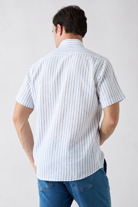Dark Navy Short Sleeve Regular Fit Cotton Linen Striped Pocket Shirt
