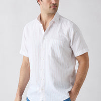 Medium Orange Short Sleeve Regular Fit Cotton Linen Striped Pocket Shirt