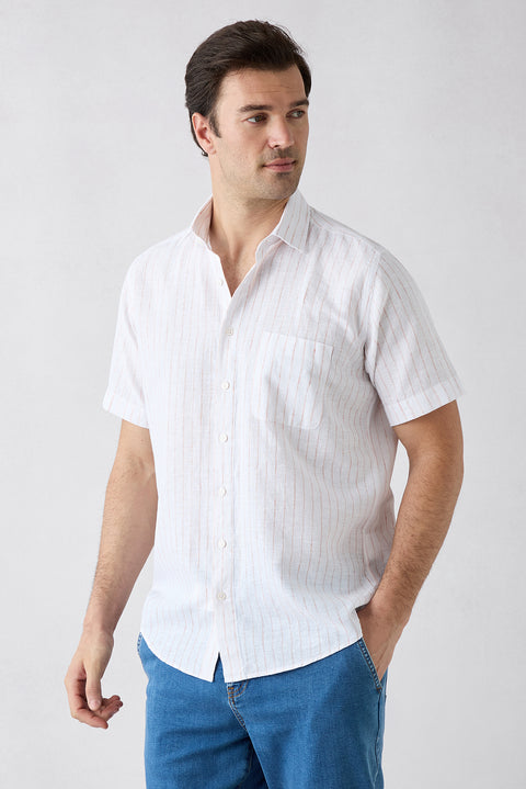 Medium Orange Short Sleeve Regular Fit Cotton Linen Striped Pocket Shirt