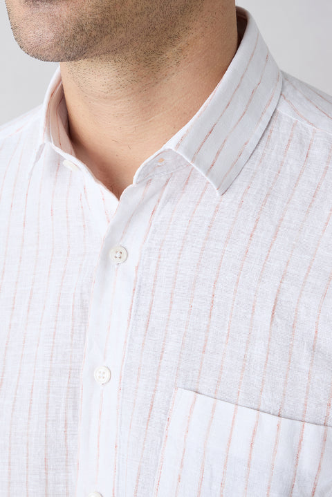 Medium Orange Short Sleeve Regular Fit Cotton Linen Striped Pocket Shirt