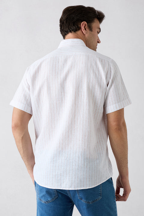Medium Orange Short Sleeve Regular Fit Cotton Linen Striped Pocket Shirt