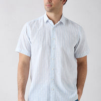 Light Blue Short Sleeve Regular Fit Cotton Linen Striped Shirt