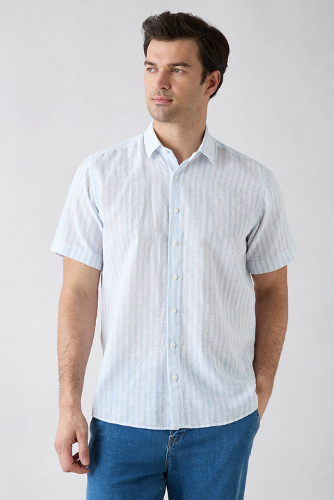 Light Blue Short Sleeve Regular Fit Cotton Linen Striped Shirt