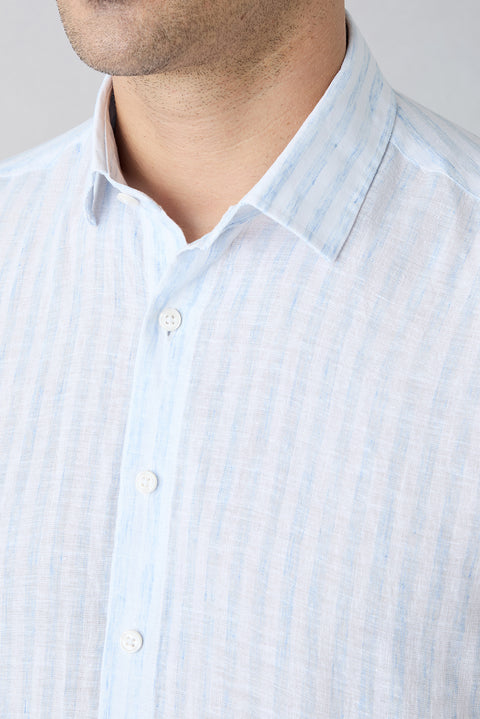 Light Blue Short Sleeve Regular Fit Cotton Linen Striped Shirt