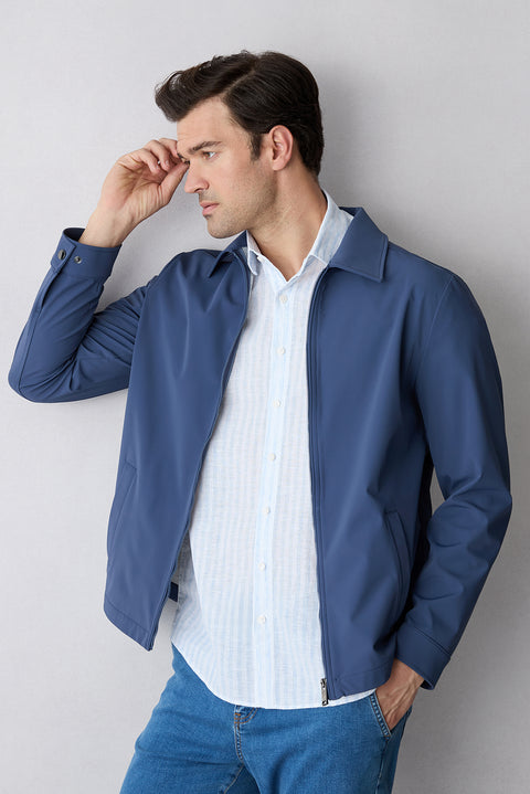Light Blue Short Sleeve Regular Fit Cotton Linen Striped Shirt