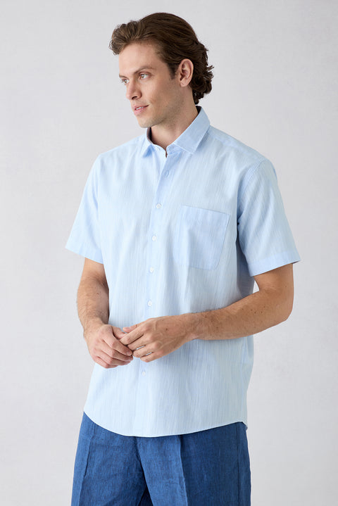 Light Blue Short Sleeve Regular Fit Cotton Plain Shirt