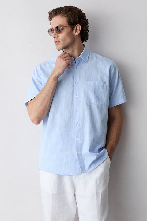 Light Blue Short Sleeve Regular Fit Cotton Plain Shirt