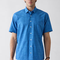 Dark Blue Short Sleeve Regular Fit Cotton Plain Shirt