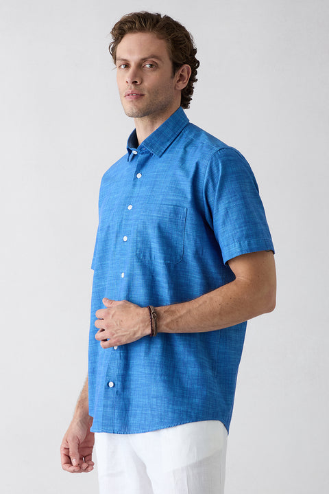 Dark Blue Short Sleeve Regular Fit Cotton Plain Shirt