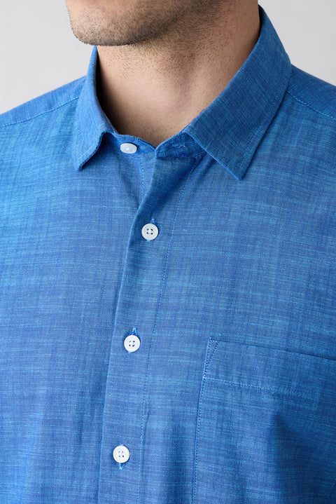 Dark Blue Short Sleeve Regular Fit Cotton Plain Shirt