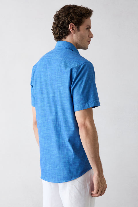 Dark Blue Short Sleeve Regular Fit Cotton Plain Shirt