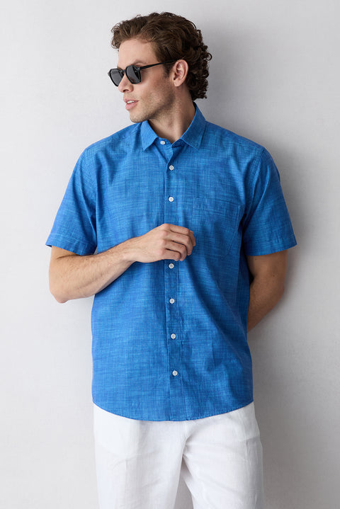 Dark Blue Short Sleeve Regular Fit Cotton Plain Shirt