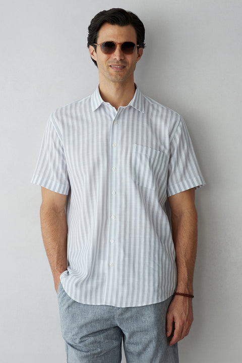 Medium Grey Short Sleeve Regular Fit Cotton Striped Shirt