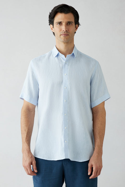 Light Blue Short Sleeve Regular Fit Linen Plain Shirt
