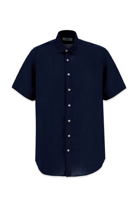 Dark Navy Short Sleeve Regular Fit Linen Plain Shirt
