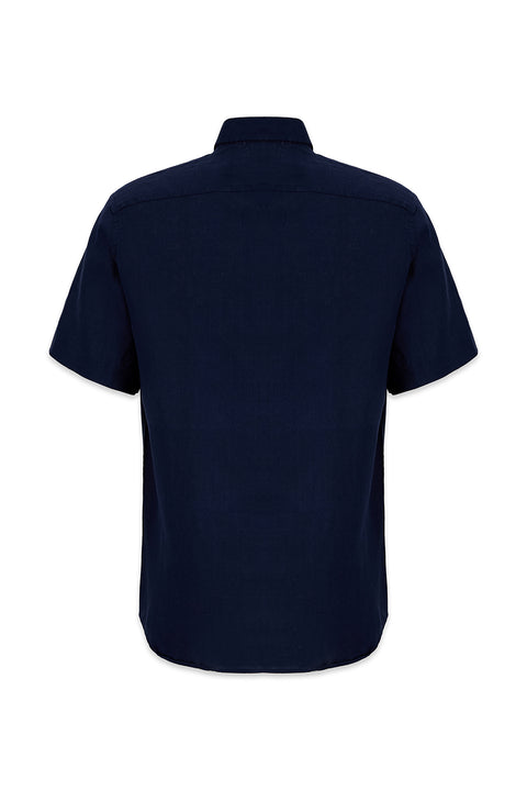 Dark Navy Short Sleeve Regular Fit Linen Plain Shirt