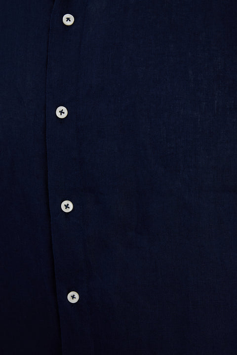 Dark Navy Short Sleeve Regular Fit Linen Plain Shirt