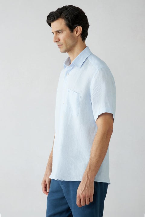 Light Blue Short Sleeve Regular Fit Linen Plain Shirt
