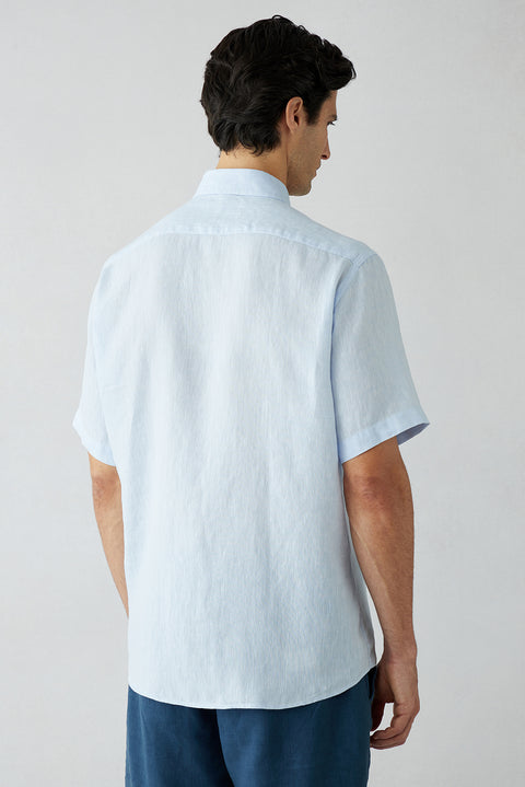 Light Blue Short Sleeve Regular Fit Linen Plain Shirt