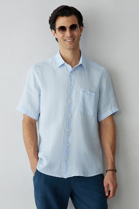 Light Blue Short Sleeve Regular Fit Linen Plain Shirt