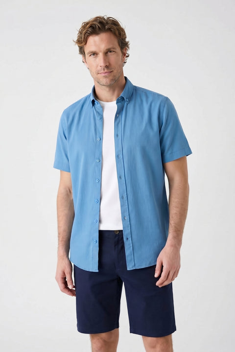 Indigo Short Sleeve Regular Fit Button-Down Collar Sporty 100% Cotton Breathable Linen-Look Shirt
