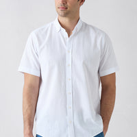 White Short Sleeve Regular Fit Button-Down Collar Sporty 100% Cotton Breathable Linen-Look Shirt