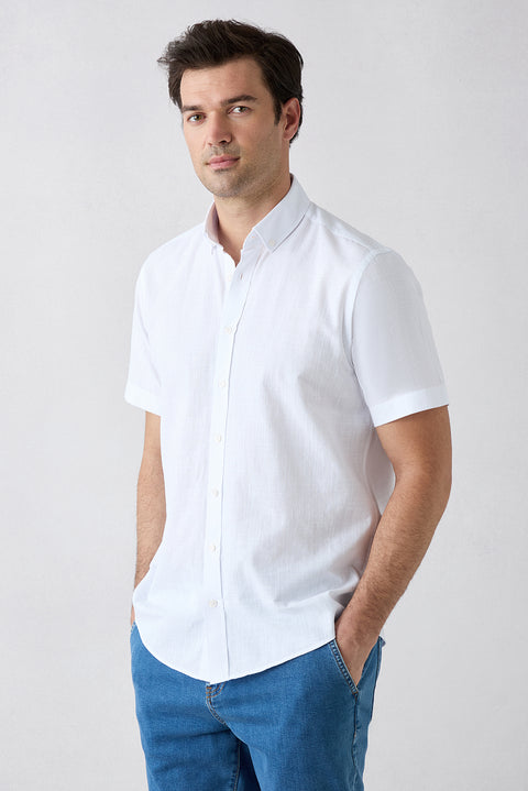 White Short Sleeve Regular Fit Button-Down Collar Sporty 100% Cotton Breathable Linen-Look Shirt