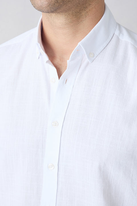 White Short Sleeve Regular Fit Button-Down Collar Sporty 100% Cotton Breathable Linen-Look Shirt
