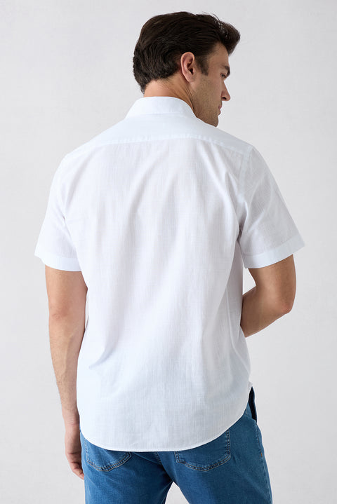 White Short Sleeve Regular Fit Button-Down Collar Sporty 100% Cotton Breathable Linen-Look Shirt