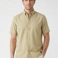 Light Khaki Short Sleeve Regular Fit Button-Down Collar Sporty 100% Cotton Breathable Linen Look Shirt