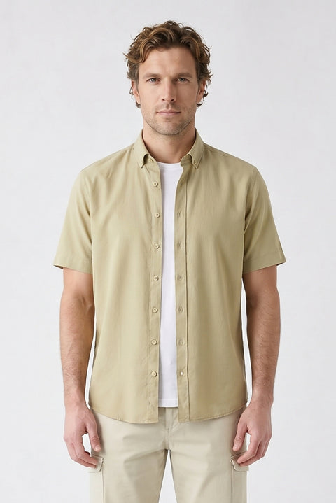 Light Khaki Short Sleeve Regular Fit Button-Down Collar Sporty 100% Cotton Breathable Linen Look Shirt