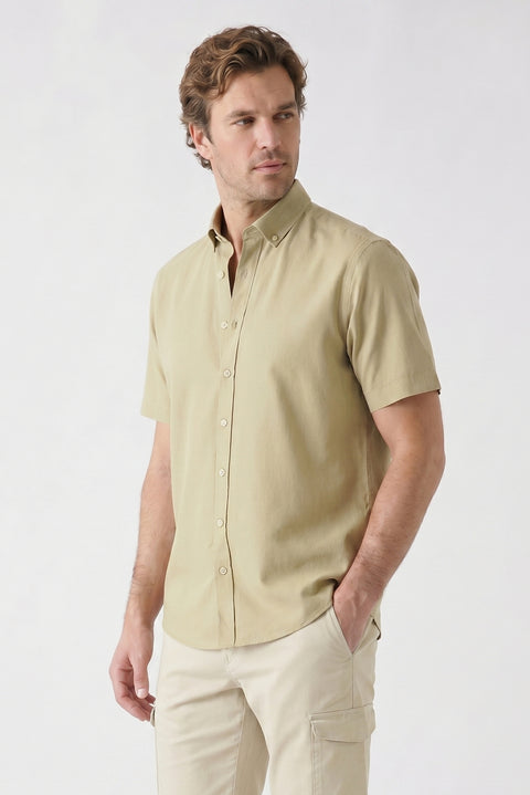 Light Khaki Short Sleeve Regular Fit Button-Down Collar Sporty 100% Cotton Breathable Linen Look Shirt