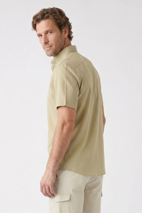 Light Khaki Short Sleeve Regular Fit Button-Down Collar Sporty 100% Cotton Breathable Linen Look Shirt