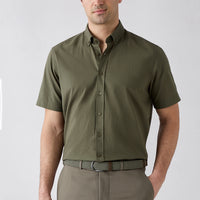 Military Khaki Short Sleeve Regular Fit Button-Down Collar Sporty 100% Cotton Breathable Linen-Look Shirt