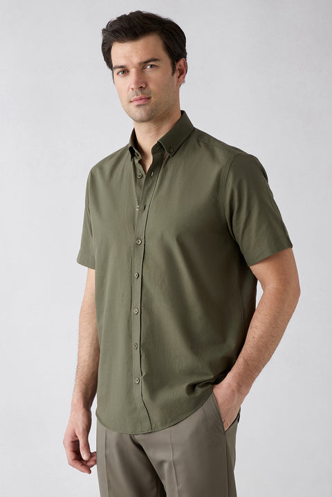 Military Khaki Short Sleeve Regular Fit Button-Down Collar Sporty 100% Cotton Breathable Linen-Look Shirt