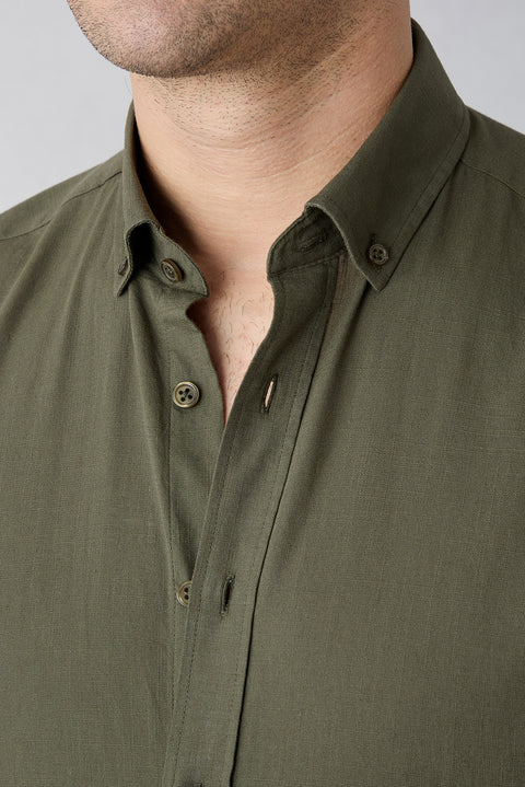 Military Khaki Short Sleeve Regular Fit Button-Down Collar Sporty 100% Cotton Breathable Linen-Look Shirt