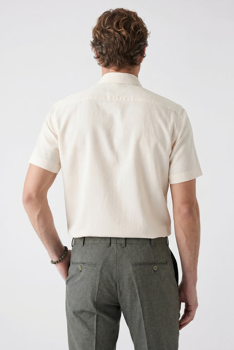Stone Short Sleeve Regular Fit Button-Down Collar Sporty 100% Cotton Breathable Linen Look Shirt