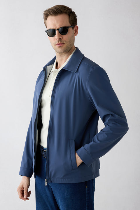 Dark Blue Baby Collar Zippered Pocketed Seasonal Jacket