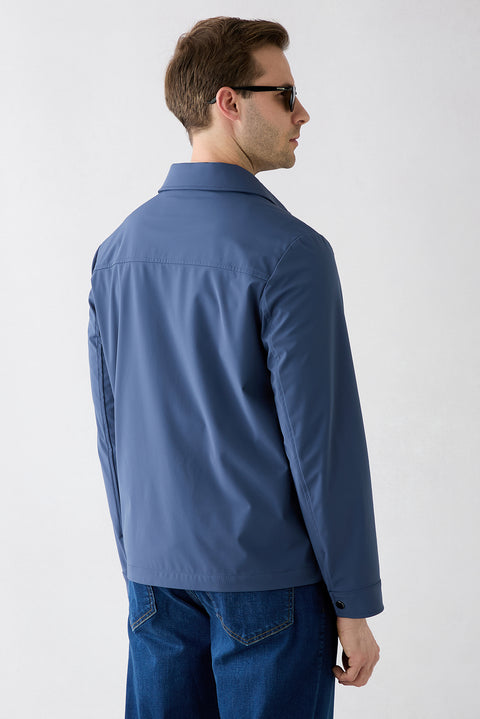 Dark Blue Baby Collar Zippered Pocketed Seasonal Jacket
