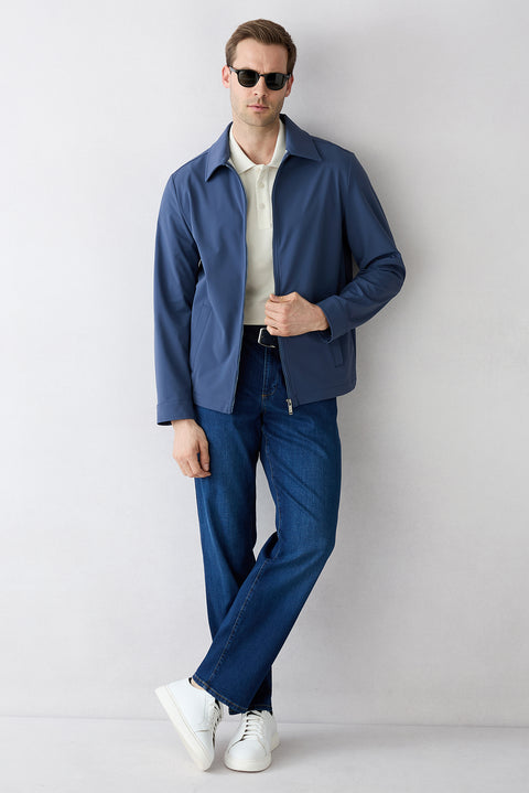 Dark Blue Baby Collar Zippered Pocketed Seasonal Jacket