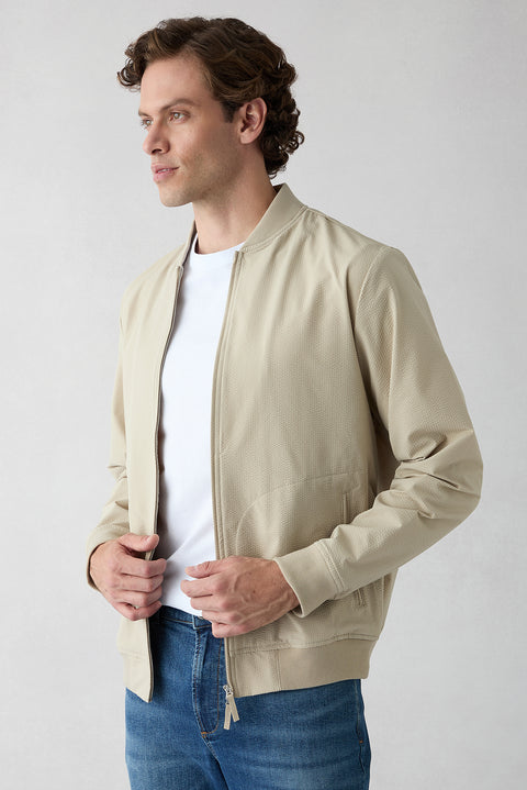 Medium Beige Stand Collar Regular Fit Plain Bonded Coat