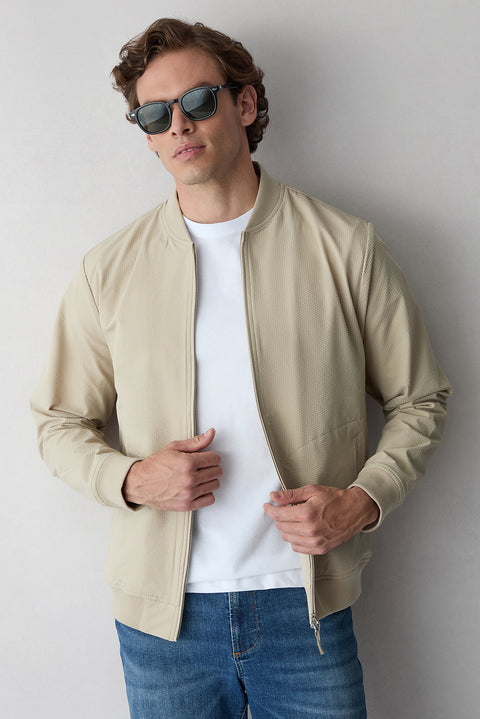 Medium Beige Stand Collar Regular Fit Plain Bonded Coat