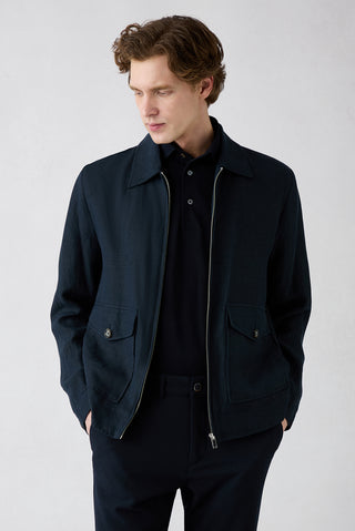  Orta Lacivert Klasik Yaka Fermuarlı Cepli Mevsimlik Keten Mont