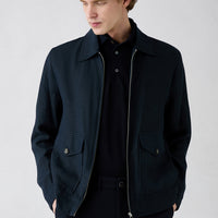 Mid-Navy Classic Collar Zippered Pocket Seasonal Linen Jacket