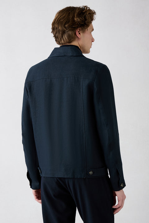 Mid-Navy Classic Collar Zippered Pocket Seasonal Linen Jacket
