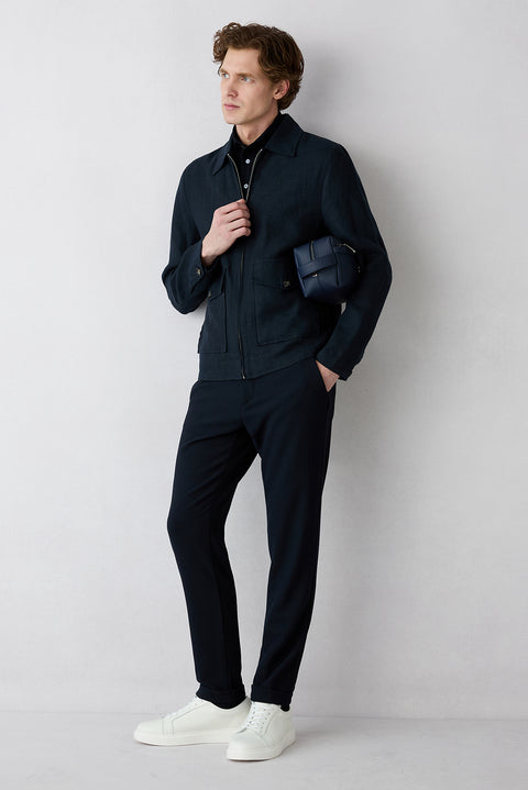 Mid-Navy Classic Collar Zippered Pocket Seasonal Linen Jacket