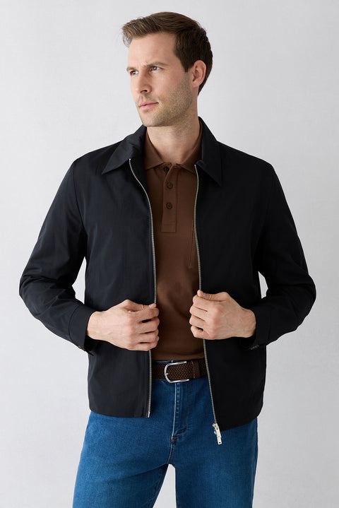 Medium Dark Blue Baby Collar Zippered Pocketed Cotton Seasonal Jacket
