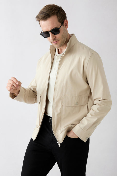 Stone Stand-Up Collar Snap-Button Pocket Zippered Cotton Seasonal Jacket